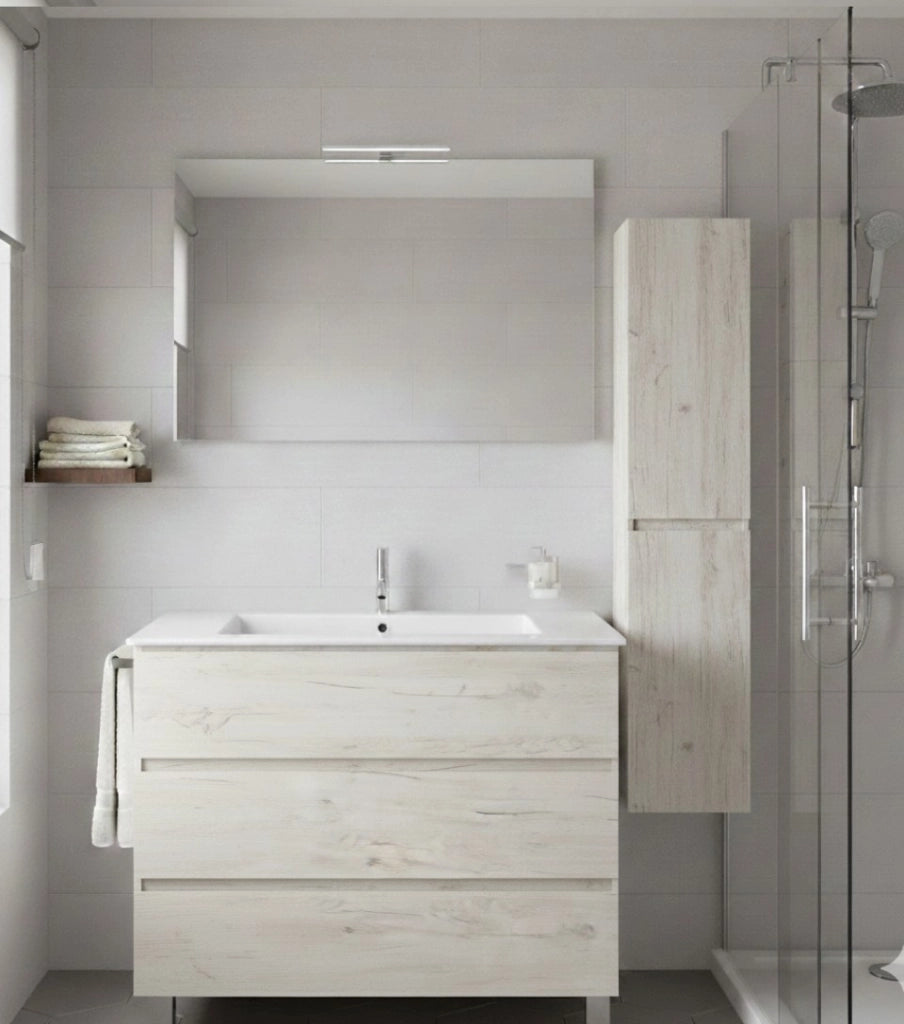 Mobile Bagno BALDER Già Montato 3 cassetti con piedini, lavabo e specchio Bianco nordico 60x45 cm con colonna