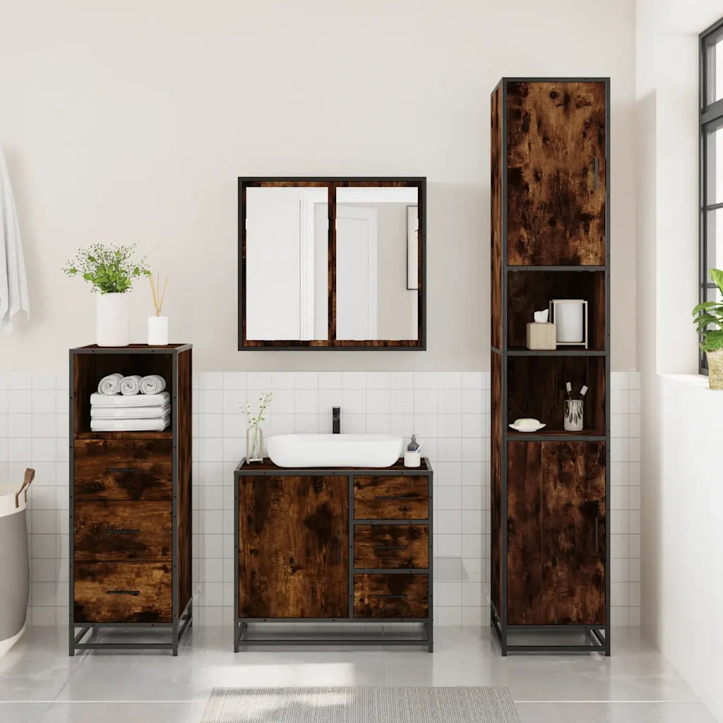 Set Mobili da Bagno 3 pz Rovere Fumo in Legno Multistrato 3301017
