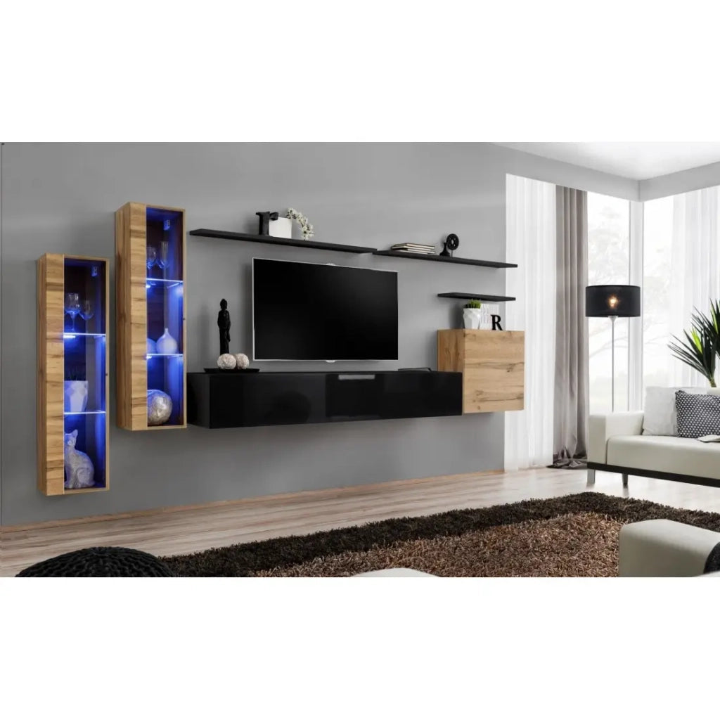 Set di mobili da parete per soggiorno SWITCH XI design, colore nero lucido e quercia Wotan.