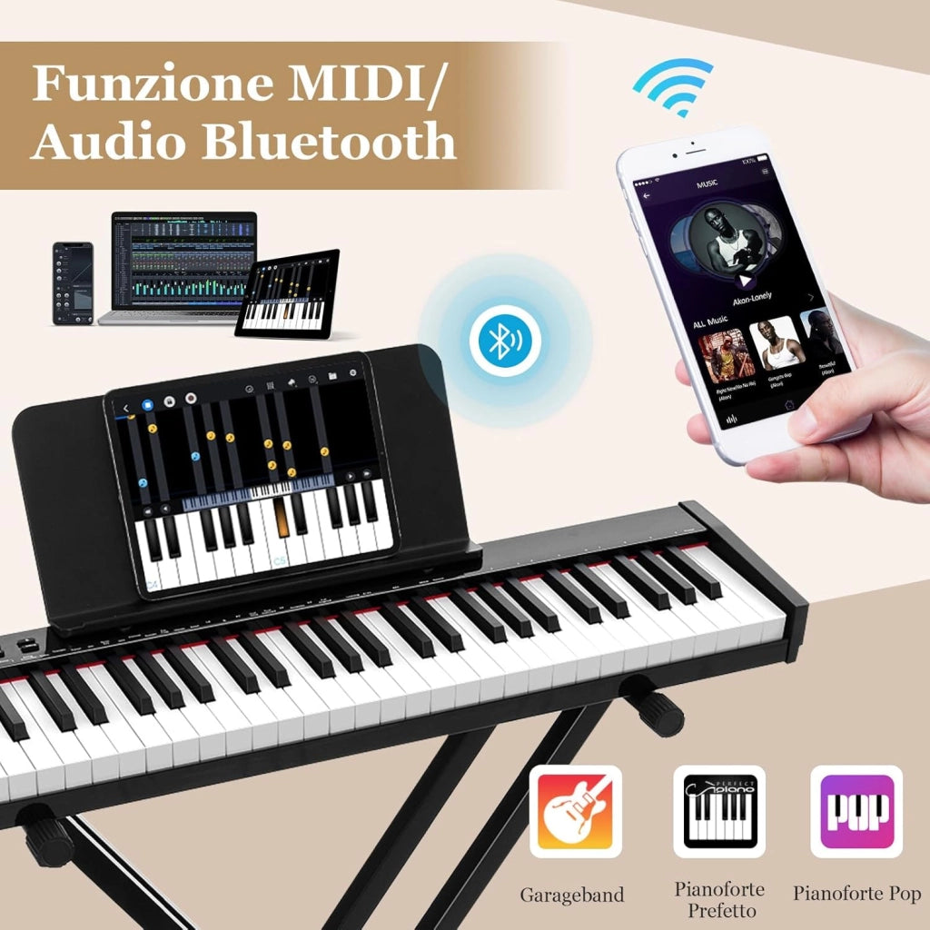 Set Pianoforte Digitale 61 Tasti, Tastiera Musicale con Sgabello Portatile, Pianoforte Elettronica con Supporto, Pedale Sustain, MIDI, USB e Funzione di APP Bluetooth