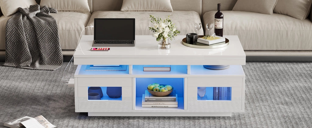 TAVOLO da caffè 100x50x43 cm Bianco lucido con LED, presa USB e ripiani