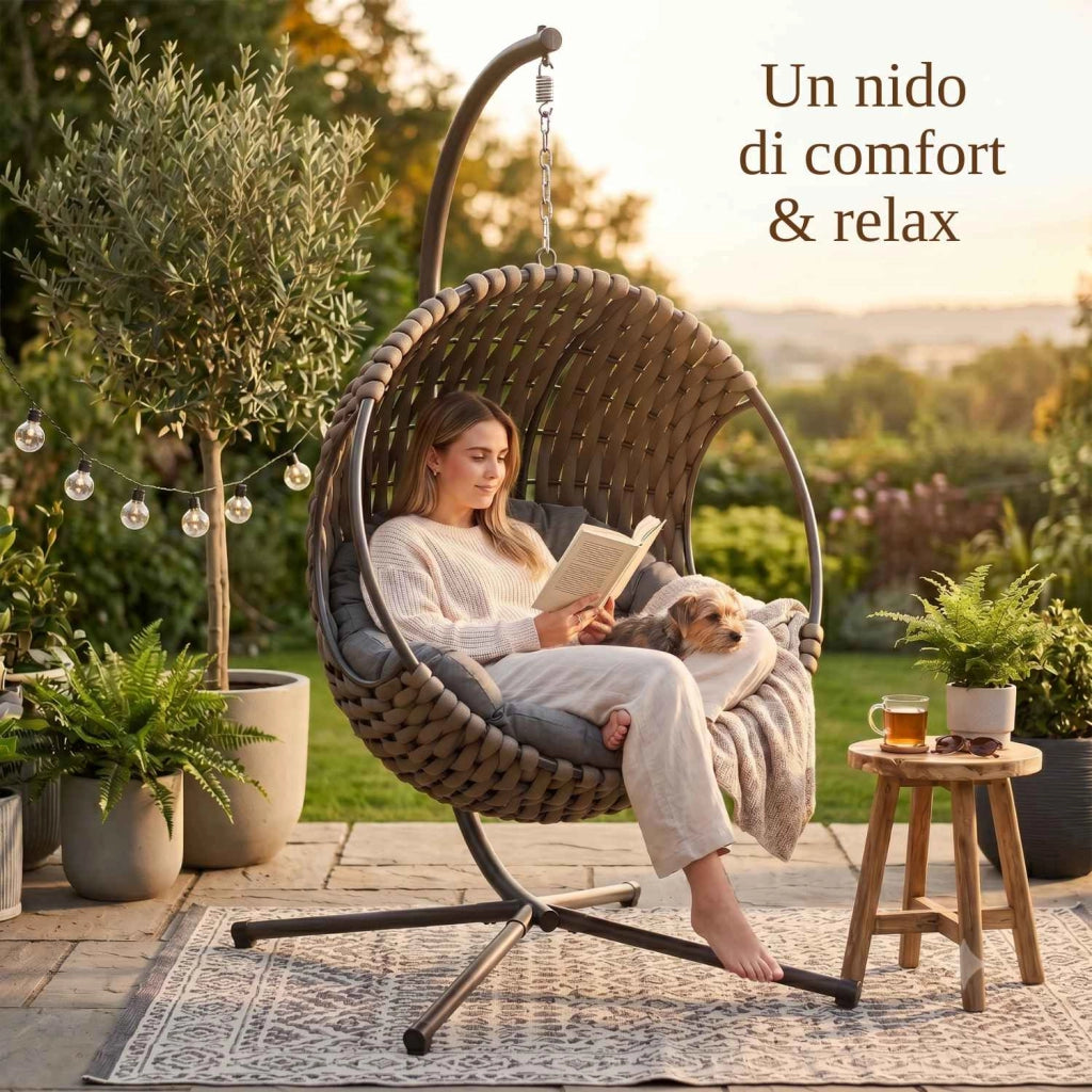 Poltrona Sospesa ITACA da Giardino con Cuscino Impermeabile, Struttura in Acciaio Zincato e Design Moderno Outdoor