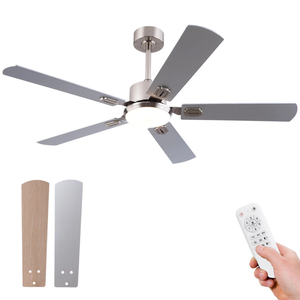 Ventilatore da soffitto con luce LED dimmerabile e telecomando; 6 velocità; nichel