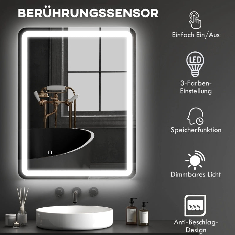 Specchio da bagno illuminato, con comandi touch, antiappannamento, dimmerabile, 3 colori di luce, 70x90, argento