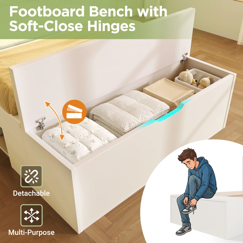 OKWISH Letto Singolo 90×200 cm con LED Regolabile, USB e Tipo C, 2 Cassetti, Mensole e Panca Contenitore, senza Materasso, Bianco