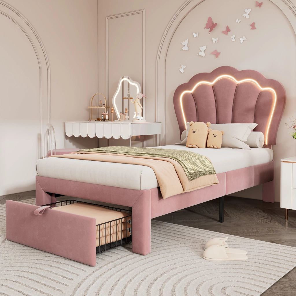 Letto con Cassetto 90 x 190 cm; Letto Singolo - Testiera Regolabile e LED - Rosa