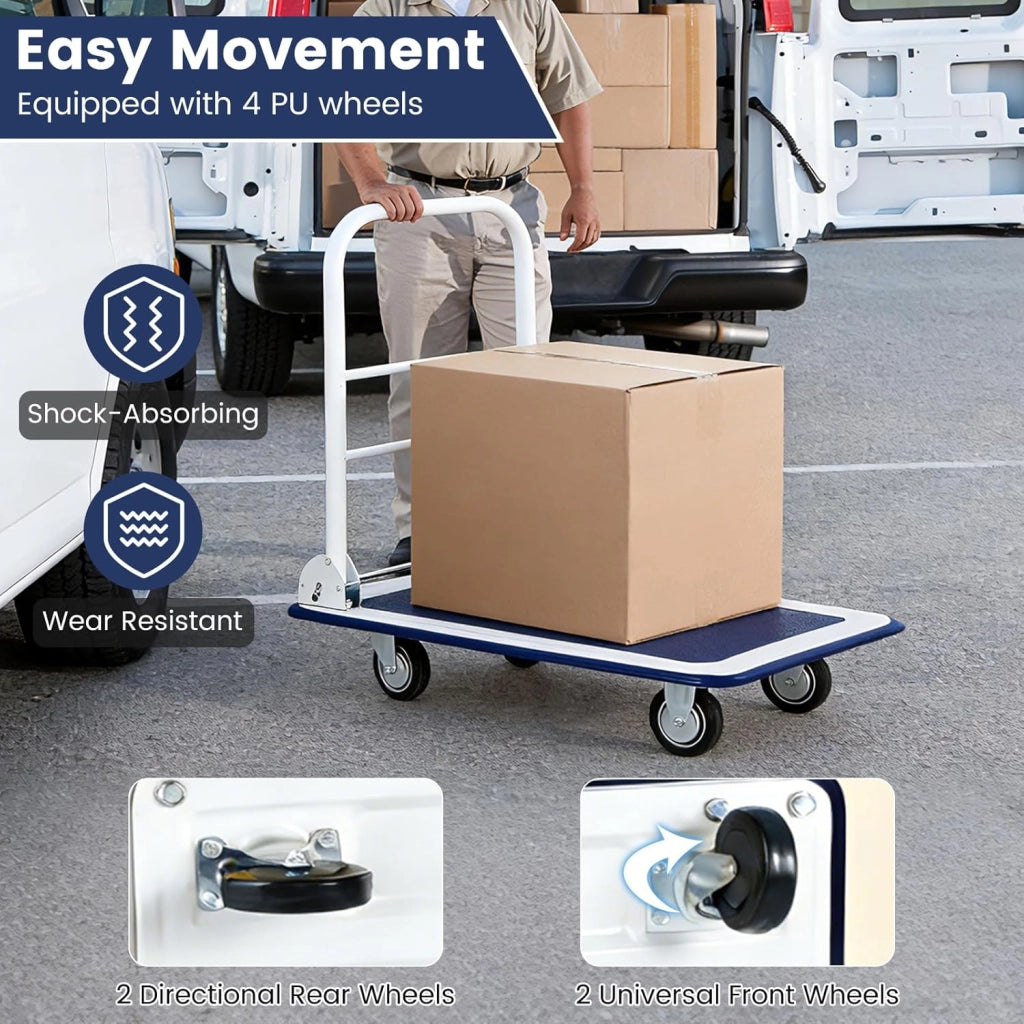 Carrello Pieghevole con Ruote, Carrello a Piattaforma da Transporto, Capacità 150 KG, con Piattaforma Antiscivolo, per Trasporto, Movimentazione, Demenagement, 73 X 48 X 83 CM (Blu+Bianco)