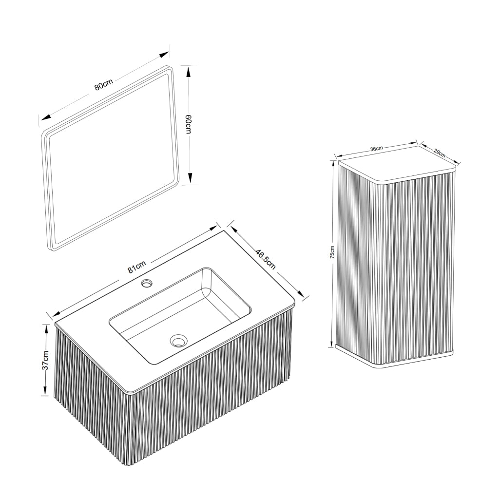 Armadietto da bagno sospeso con lavabo in pietra artificiale, specchio LED e colonna, effetto rovere