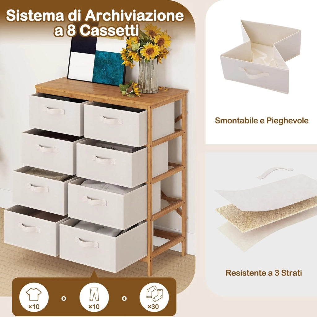 Cassettiera con 8 Cassetti, Torre di Stoccaggio in Tessuto di Bambù con Contenitori Rimovibili, Mobile con Cassetti per Guardaroba, Soggiorno, Corridoio, 80 x 40 x 94 cm