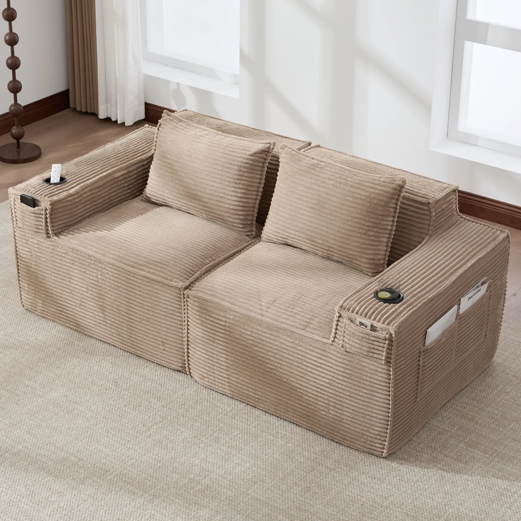Divano modulare a 2 posti con portabicchieri e tasche laterali in velluto a coste khaki 188 × 90 × 75 cm