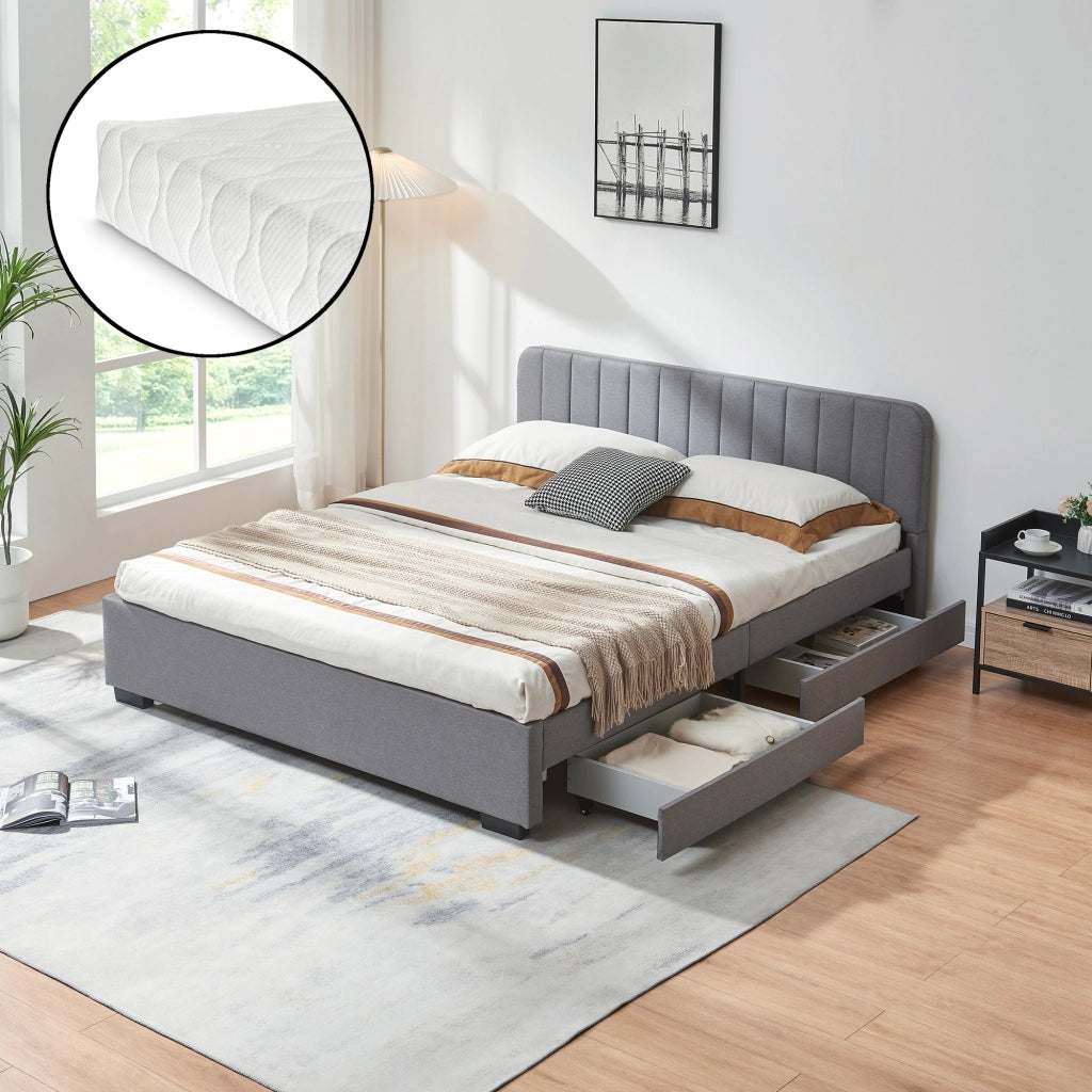 Letto Francese Nofrenna con Materasso 140x200 cm 4 Cassetti e Testiera - Grigio [en.casa]
