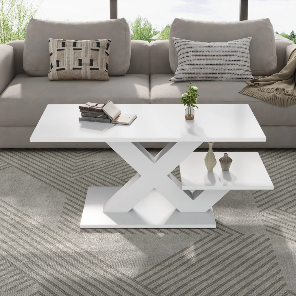Tavolino lucido, piano a doppio livello, in MDF, con gambe a X, 100x48x45 cm, bianco