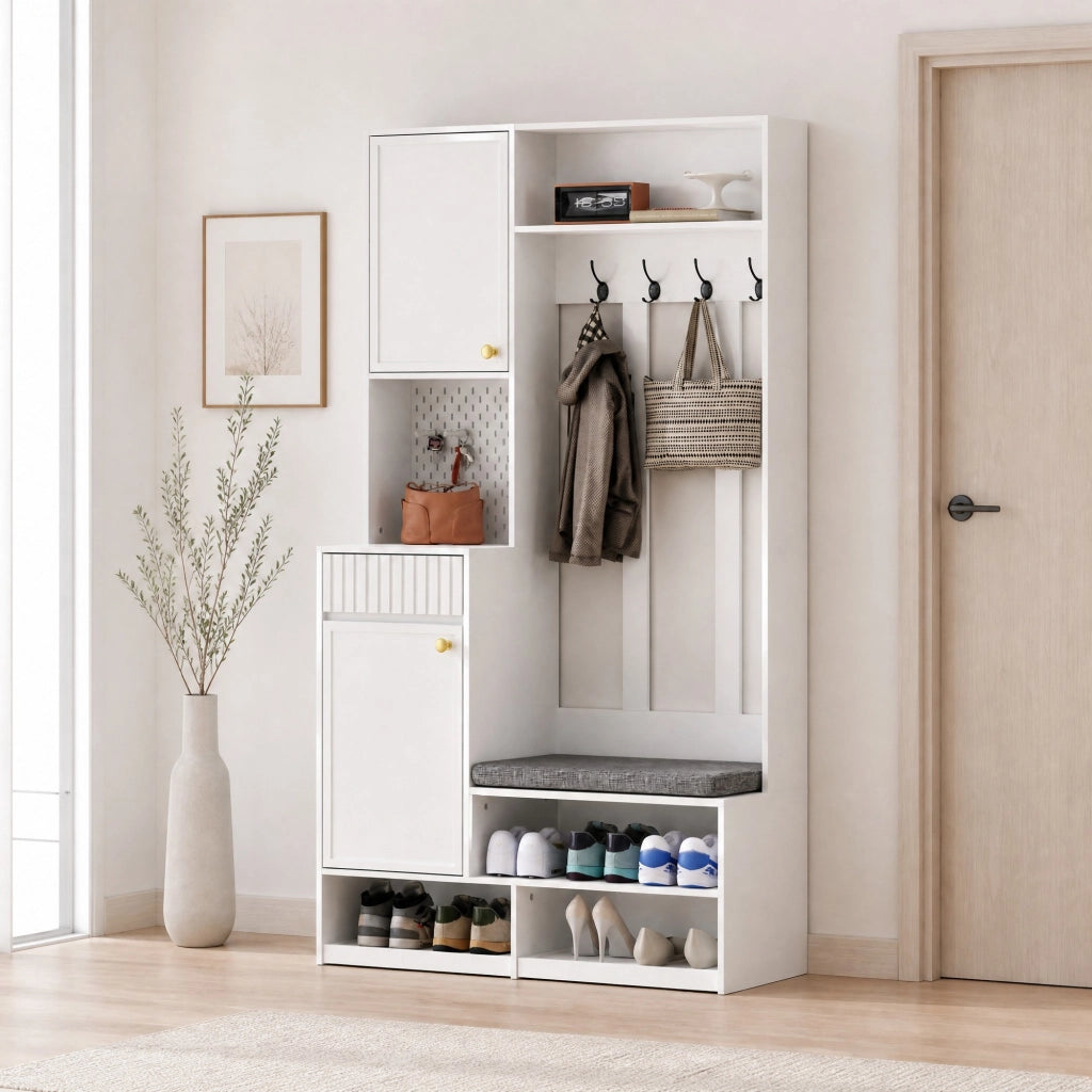 Set di mobili da ingresso con panca imbottita, 4 ganci, armadio e cassetti, MDF bianco