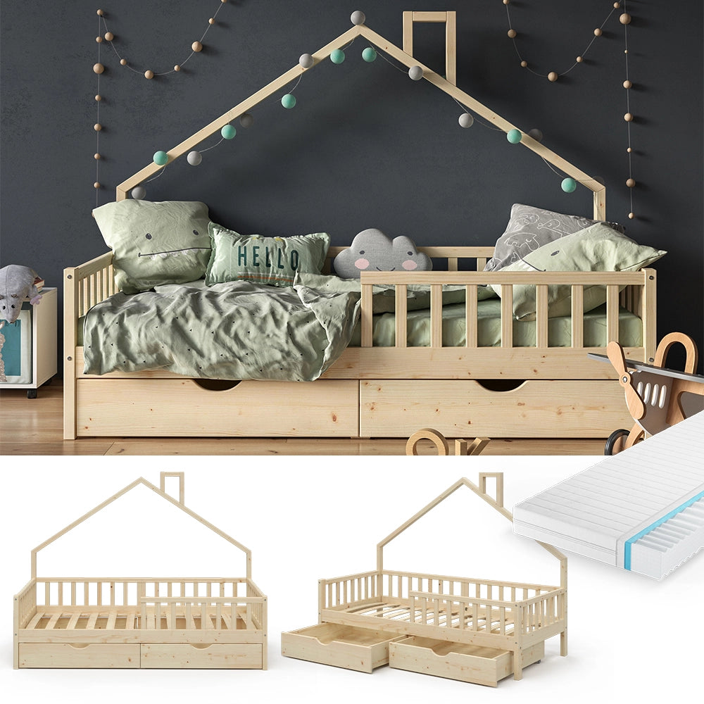 Vitalispa Letto montessori bambini Legno naturale 90x200 cm con 2 cassetti e materasso