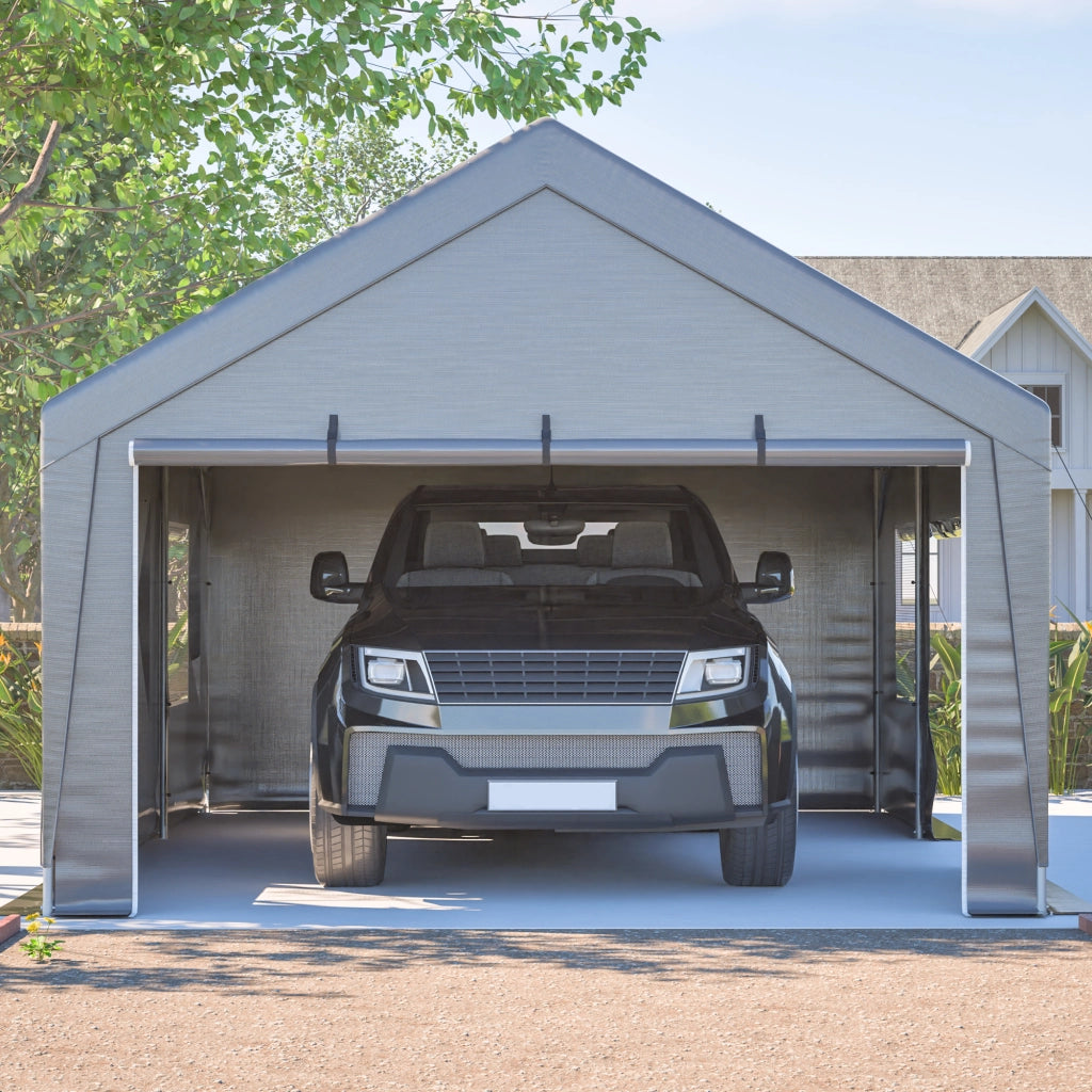 Garage Tenda Da Esterno Grigio 611 X 396 X 300 Cm In PE E Ferro Per Auto E Deposito Con Finestre E Ventilazione