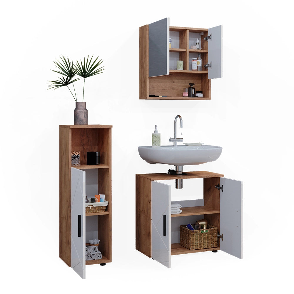 Vicco Set di mobili da bagno Bianco lucido/oro power oak 3 parti