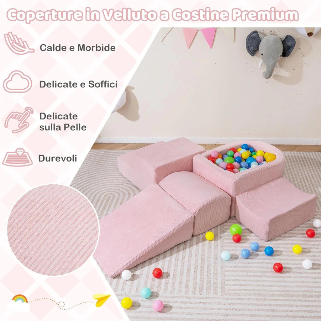 Blocchi da Arrampicata in Schiuma per Bambini, con Piscina di Palline, Set di 5 Pezzi per Arrampicata e Strisciamento, Set da Gioco da Interno per Bambini 3 Anni+ (Rosa,Velluto a coste)