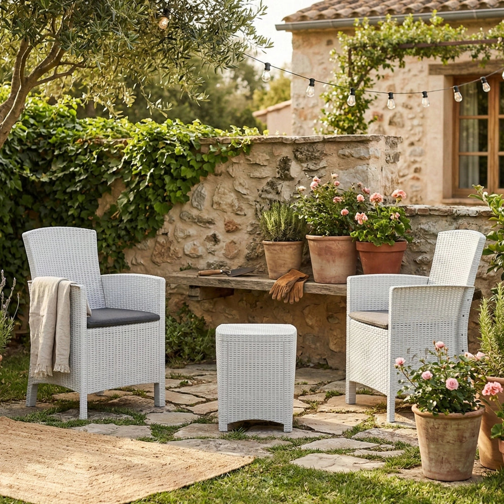 Salottino da esterno Armin, Set da giardino con cuscini, Salottino  effetto rattan, 100% Made in Italy, Bianco