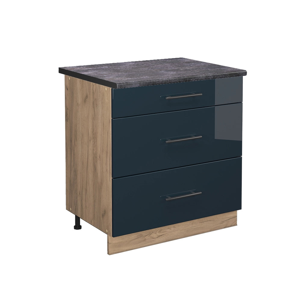 Mobiletto base per cucina Fame-Line Blu scuro lucido/Rovere dorato 80 cm con 3 cassetti, PL Antracite Vicco