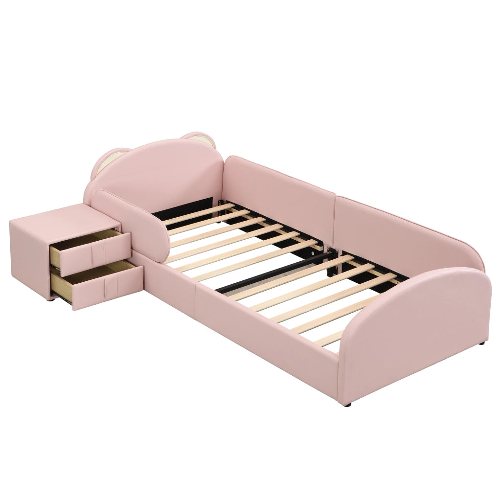 Letto per Bambini 90 x 200 cm; Letto Singolo con Comodino e Testiera Orsetto - Rosa