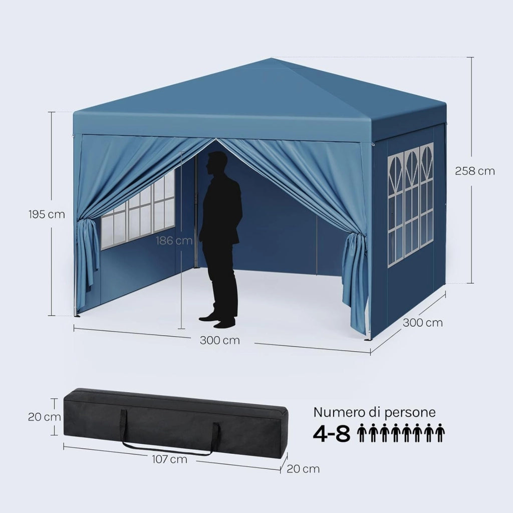 Gazebo da Giardino Richiudibile 3x3m Gazebo da Esterno Ferro Regolabile in Altezza Tendone Pieghevole con Telo Idrorepellente, Protezione Solare, Facile Montare Blu
