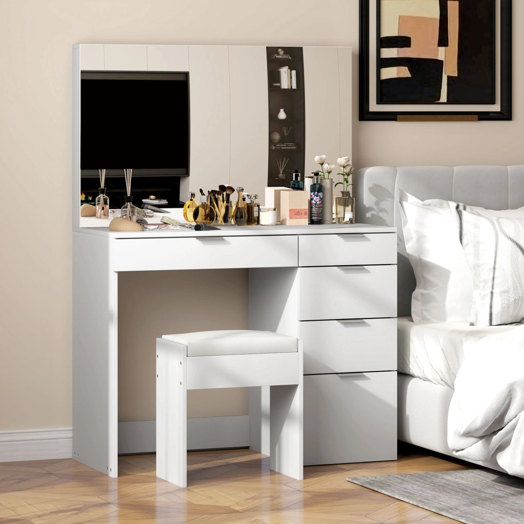 Tavolo da trucco con specchio e 5 cassetti ¨C zephmum ¨C Bianco, 97.2x44.5x136.5 cm