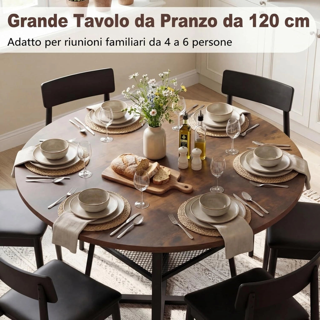 Tavolo da Pranzo Rotondo Ø120 cm, Tavolo da Cucina per 4-6 persone con Ripiano in Rete Metallica, Gambe in Metallo e Base a X Robusta, Stile Industriale, per sala da Pranzo e Soggiorno