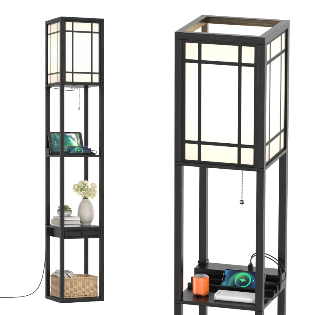 Lampada a stelo con ripiani e cassetto, Lampada a piantana moderna con 2 porte USB Nera