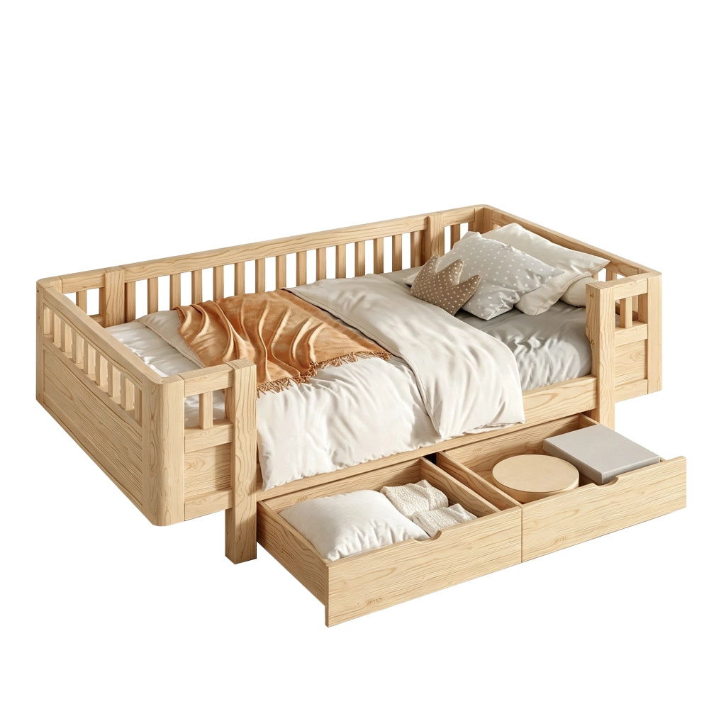 Letto Singolo 90x200 Legno con Sponde di Sicurezza e 2 Cassetti Contenitore