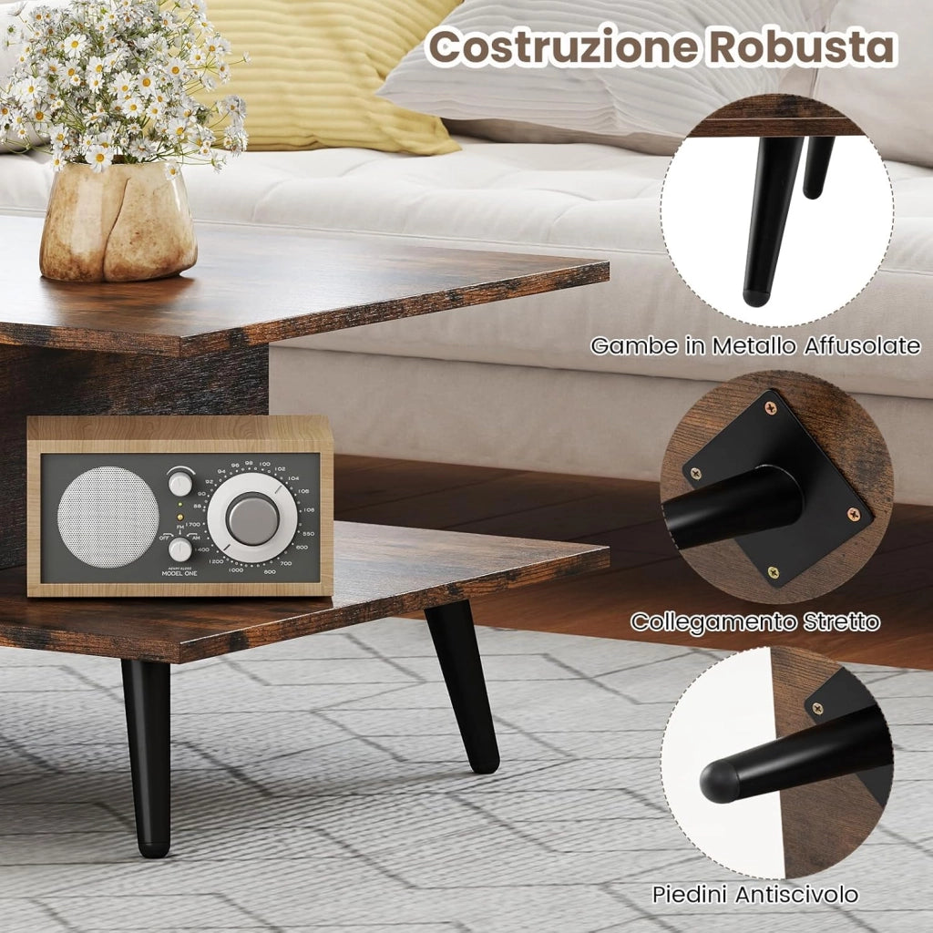 Tavolino da Caffè a 2 Livelli, Tavolino Moderno con Gambe in Metallo e Ripiano, Tavolo Centrale Rettangolare per Soggiorno, Studio e Ufficio (Marrone)