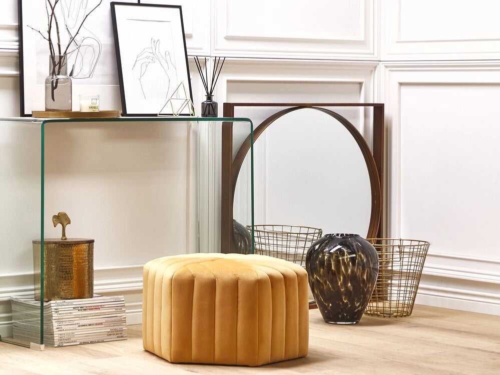 Pouf Velluto Giallo 29 x 53 x 48 cm Poggiapiedi Esagonale Imbottito Glamour