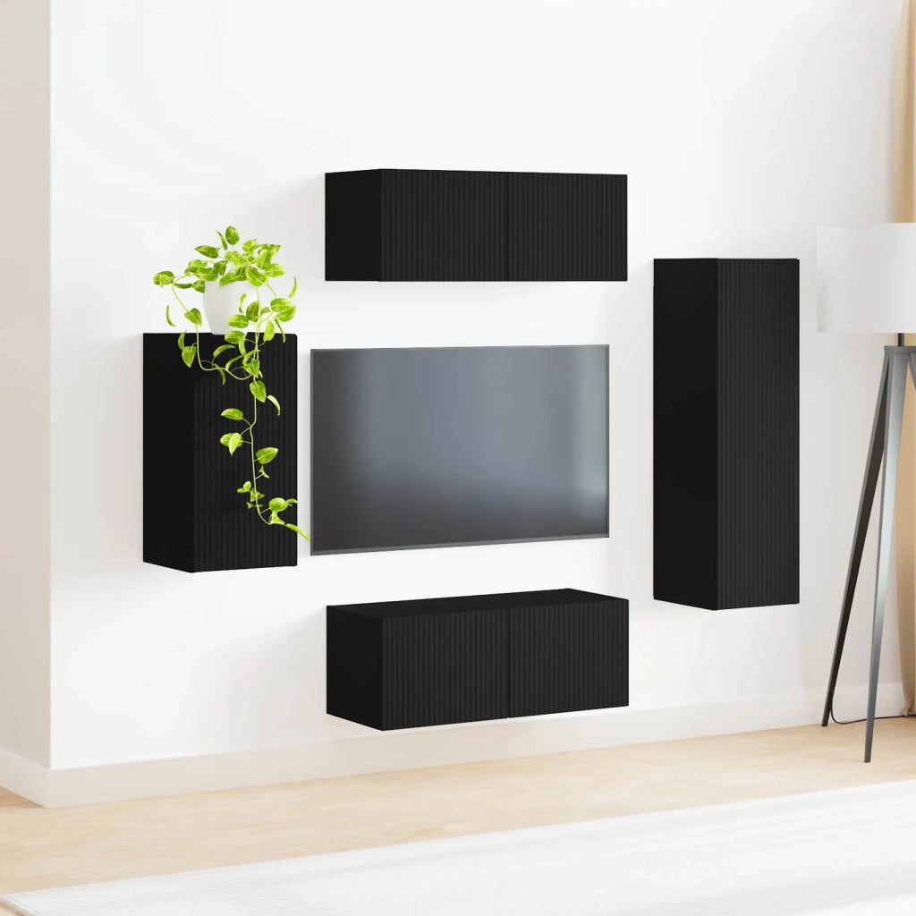 Set mobile TV Montaggio a parete 4 pcs Nero Legno multistrato