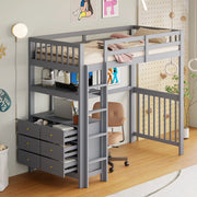 OKWISH Letto a Soppalco 90×200 cm, Letto Singolo con Scala Verticale, 6 Cassetti, Mensole e Sponda di Sicurezza, senza Materasso, Grigio