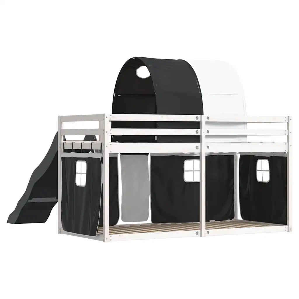 Letto a Castello con Scivolo e Tende Bianco e Nero 90x200 cm