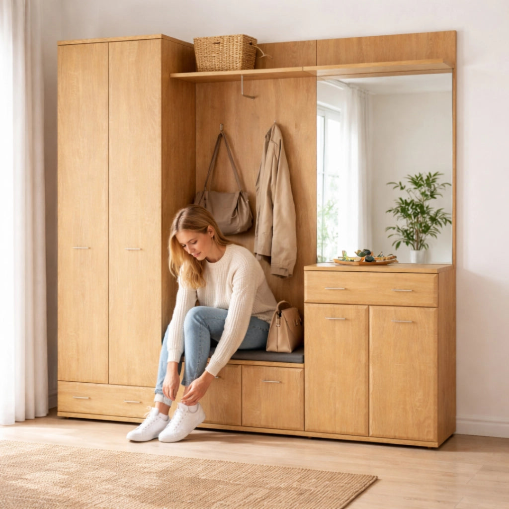 Mobile Ingresso Completo 180 cm Set Entrata con Panca Portascarpe, Appendiabiti Specchio e Armadio Guardaroba Design Moderno Salvaspazio per Corridoio Rovere 180x32x203 cm