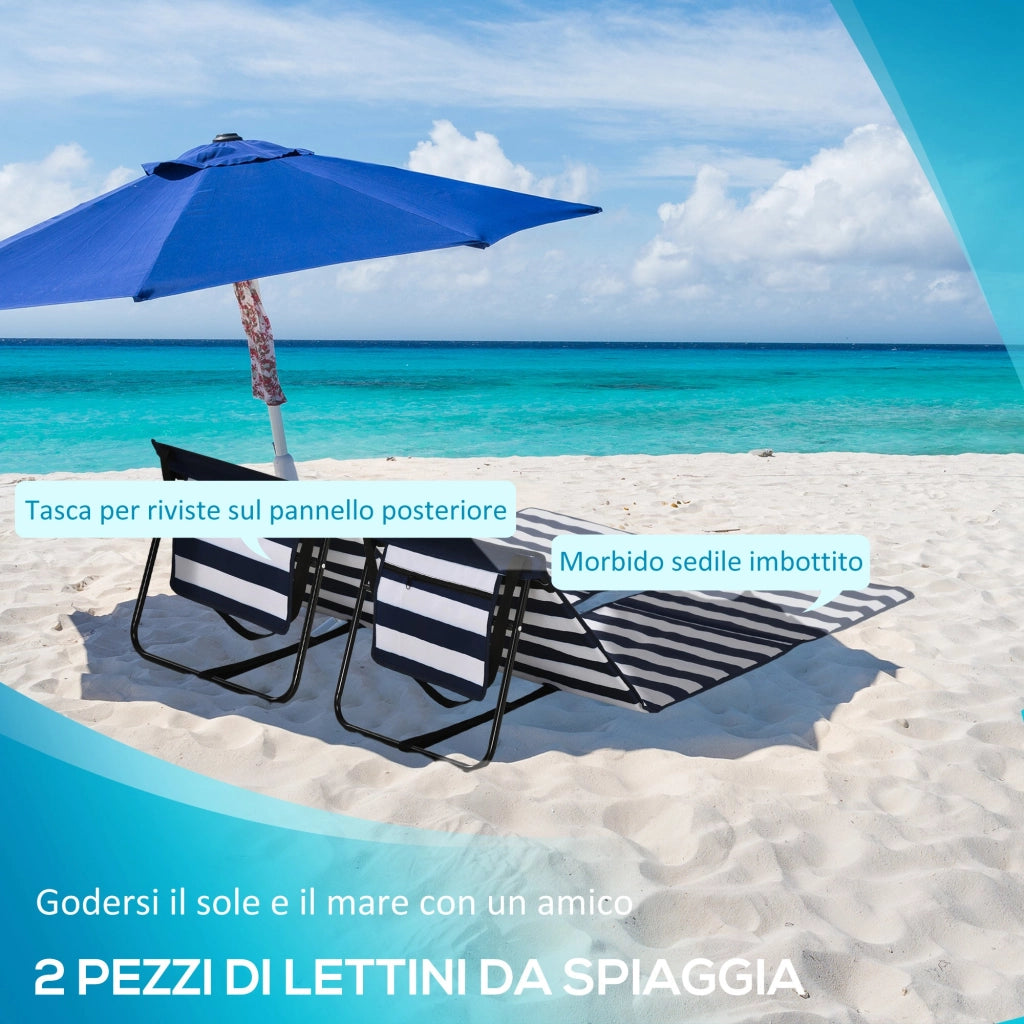 Set 2 Sdraio da Spiaggia 142x51x40 cm Pieghevoli e Regolabili in Acciaio e Poliestere Multicolore