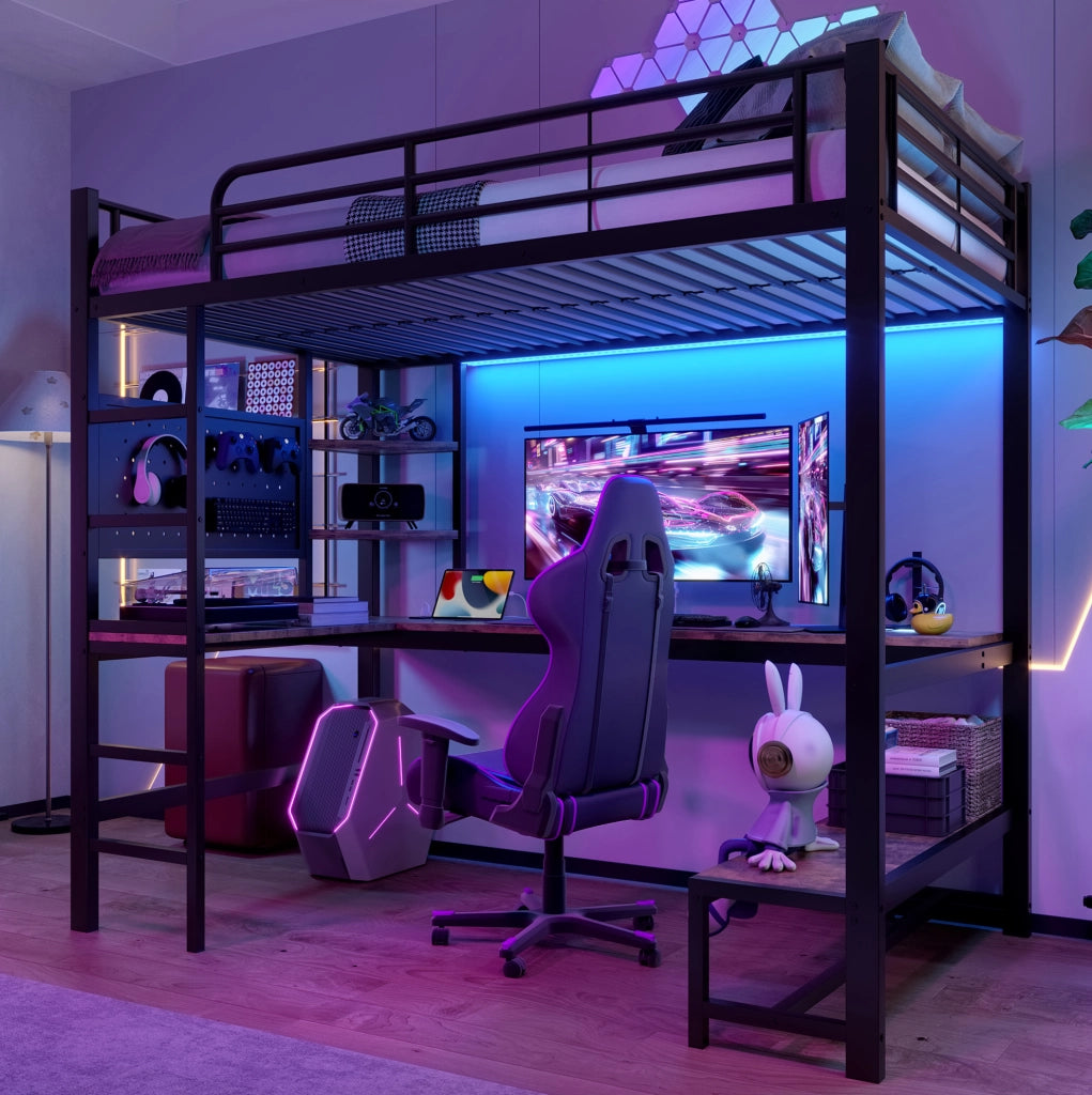 Letto a soppalco 90x200 cm con scrivania, LED e USB-C