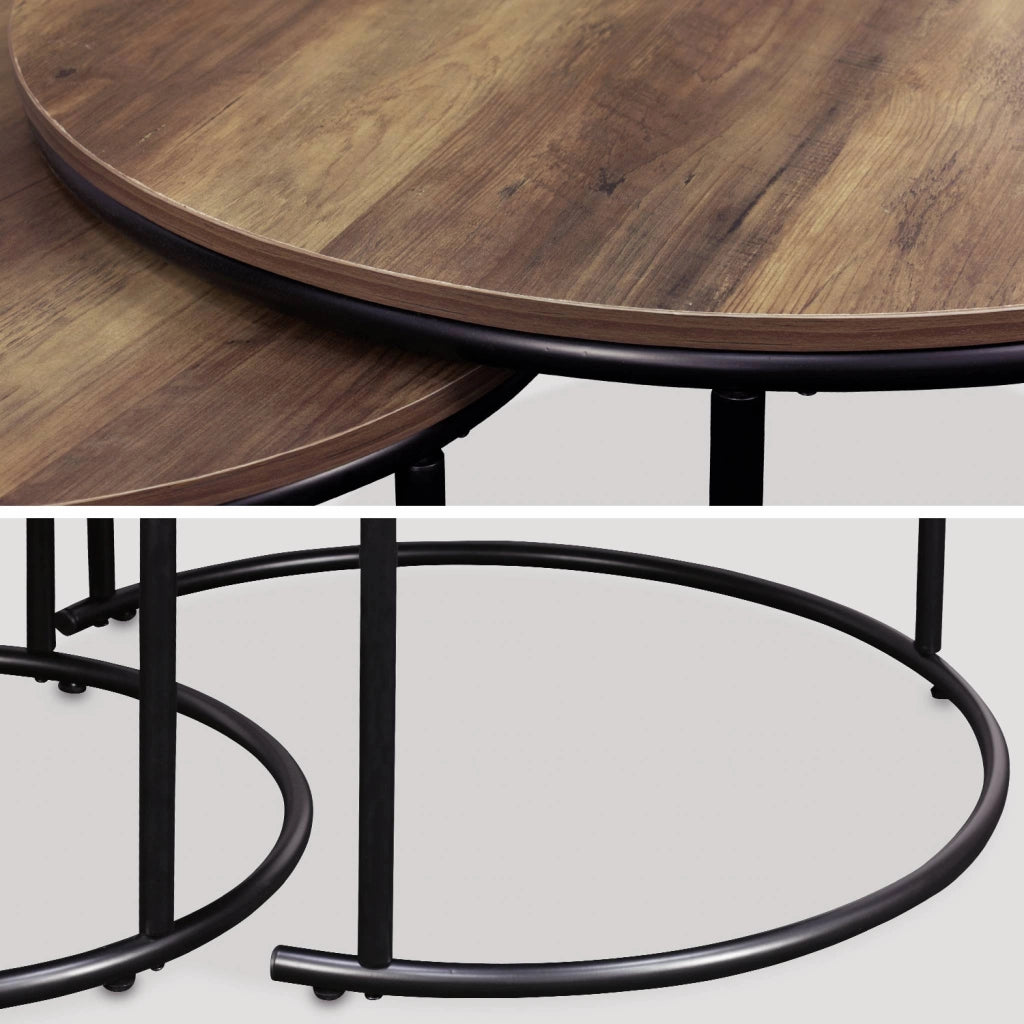 Set di 2 tavolini rotondi in metallo e legno, marrone naturale