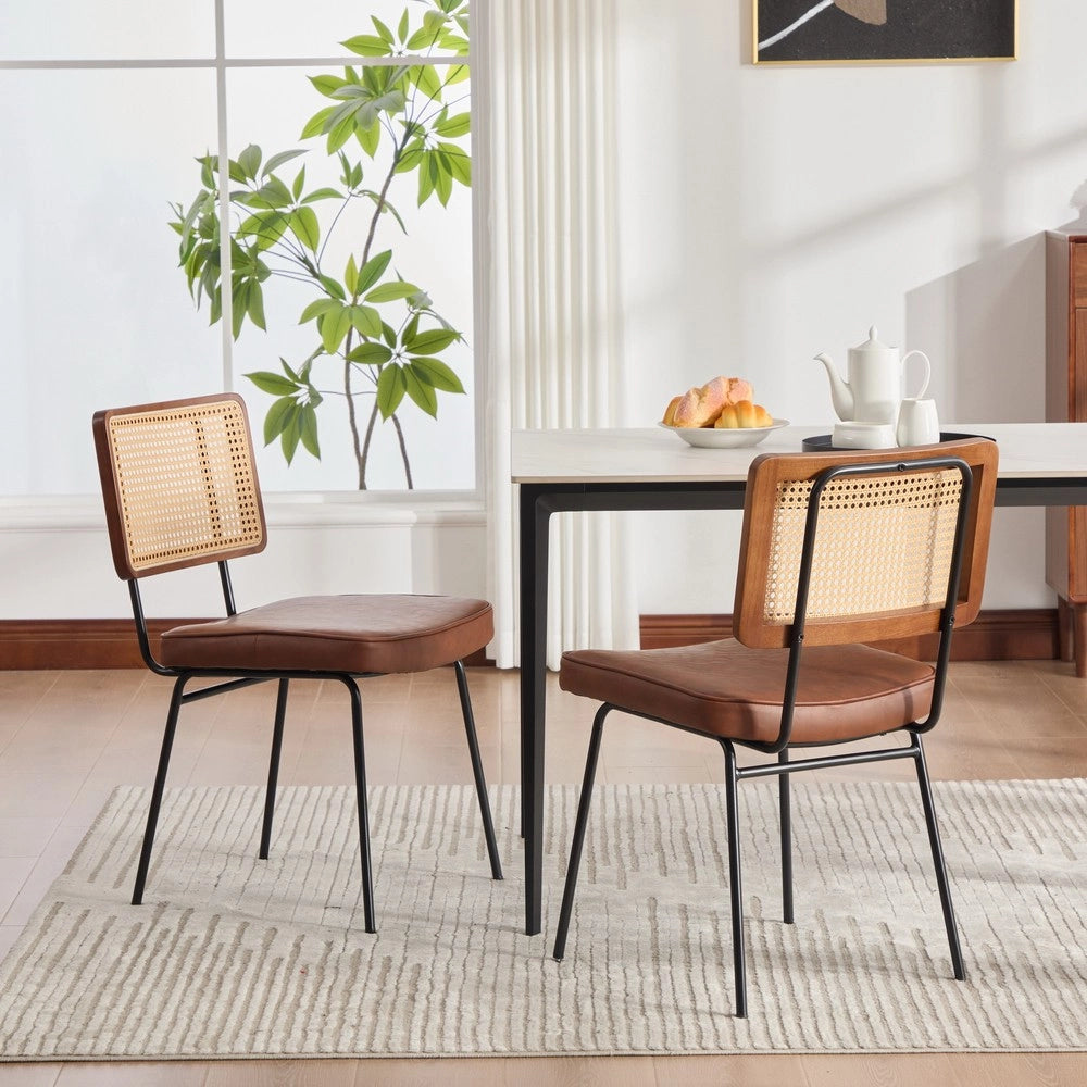 Sedia da Pranzo in Legno Massello e Rattan ¨C MINIMAL ¨C Set 2, Similpelle, Stile Retr¨°, Nero/Marrone