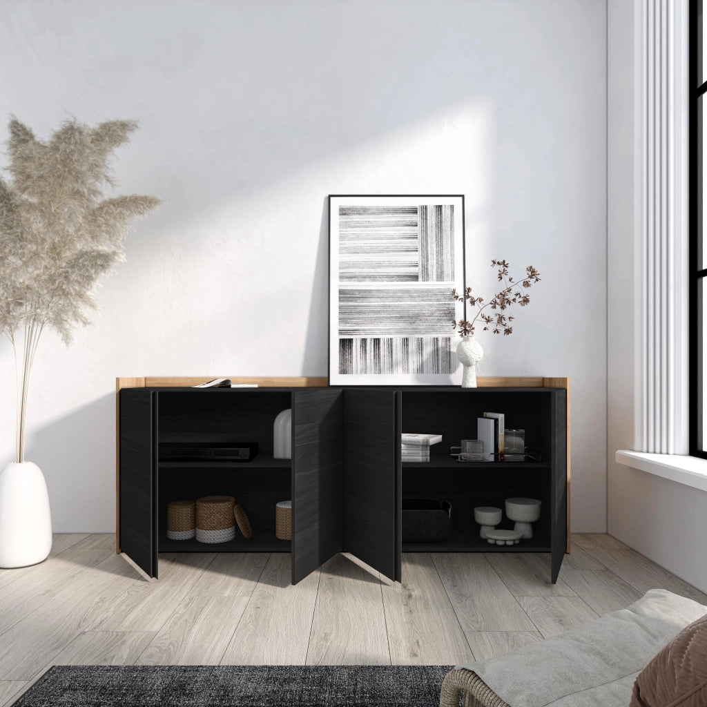 Credenza, Mobile, Cucina, 207x80x35 cm, 4 Porte, grande stoccaggio, Nero e rovere