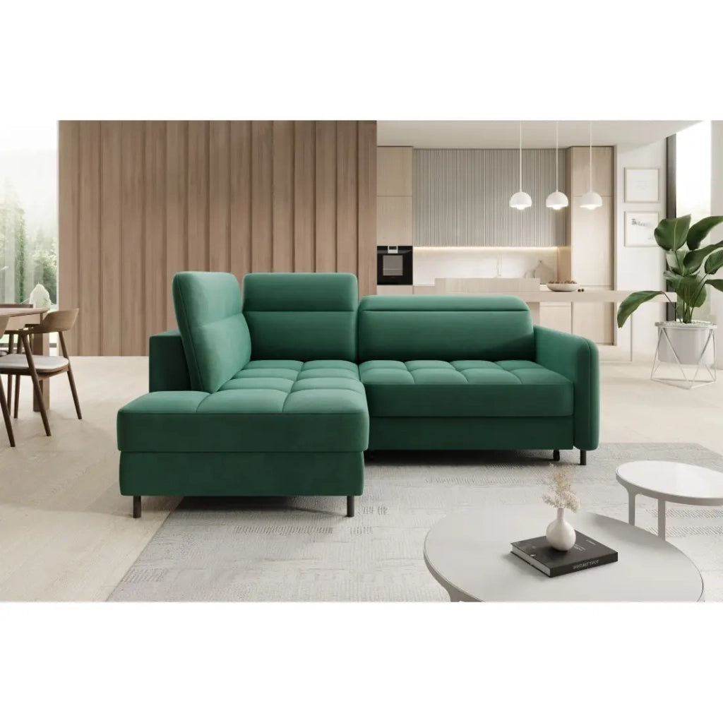 Divano angolare sinistro convertibile BARNEA 208 cm verde scuro con contenitore