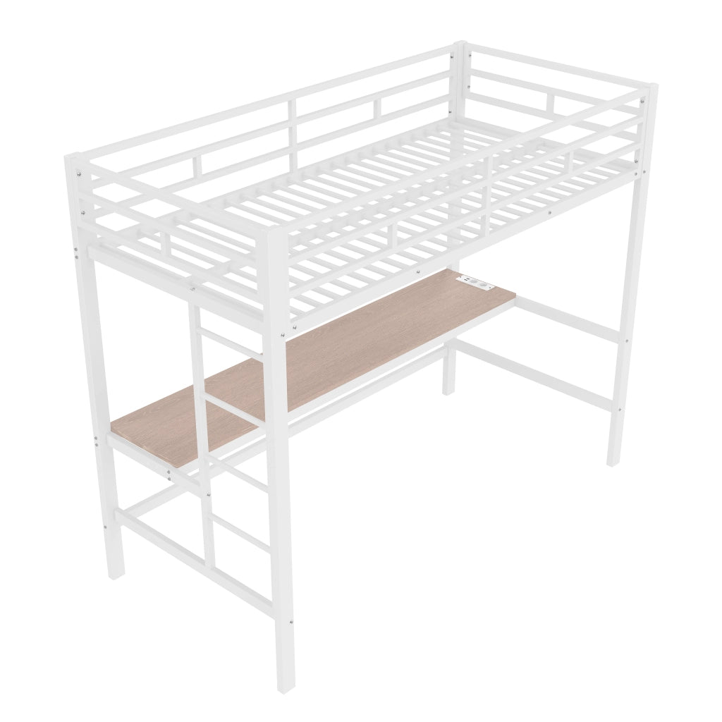 OKWISH Letto a Soppalco 90×200 cm, Letto Singolo con Scrivania, LED Regolabile e Porte USB Tipo C, senza Materasso, Metallo, Bianco