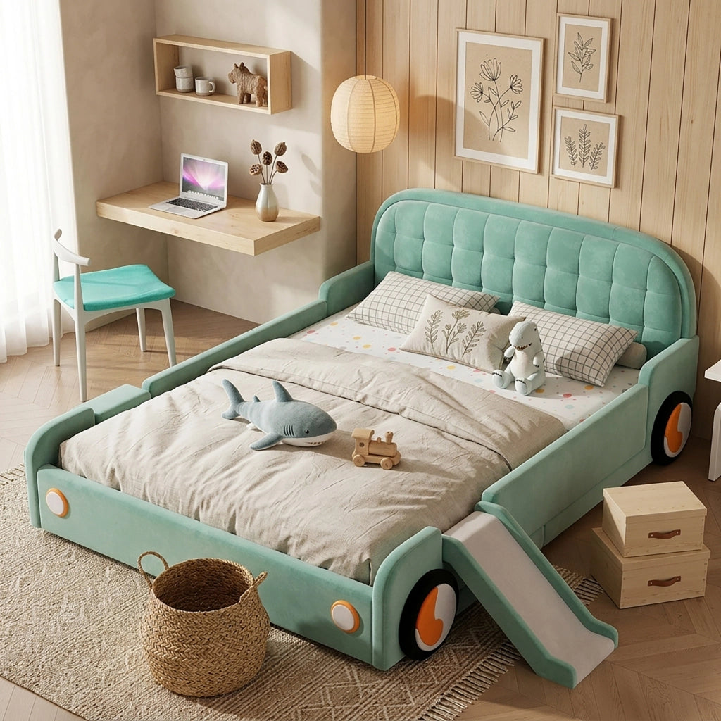 Letto per Bambini 140x200 cm - Scivolo e Scala Reversibili; Sponde Imbottite - Bluverde