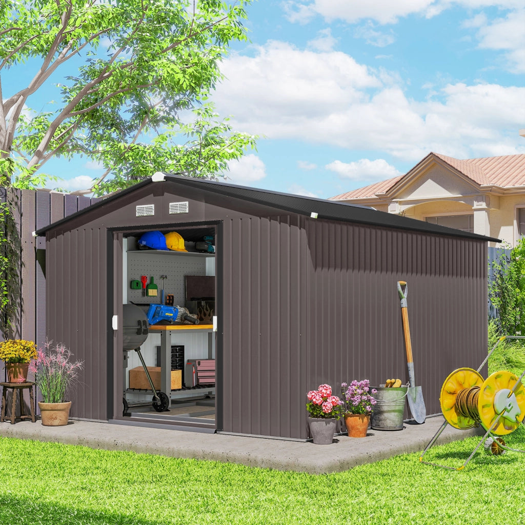 Casetta da Giardino con 2 Porte Scorrevoli e 4 Prese d'Aria in Acciaio, 322x277x192 cm, Marrone