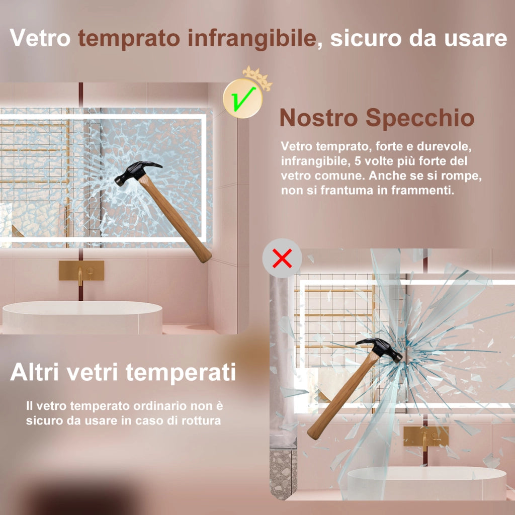 AICA Specchio da bagno  80 x 120 cm, dimmerabile, interruttore touch, Funzione Memoria, antiappannamento