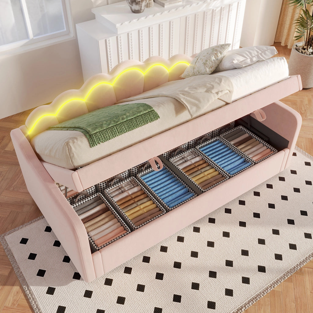 OKWISH Letto Divano 90×200 cm, Letto Singolo con Contenitore, LED Multicolore e Telecomando, senza Materasso, in Velluto, Rosa