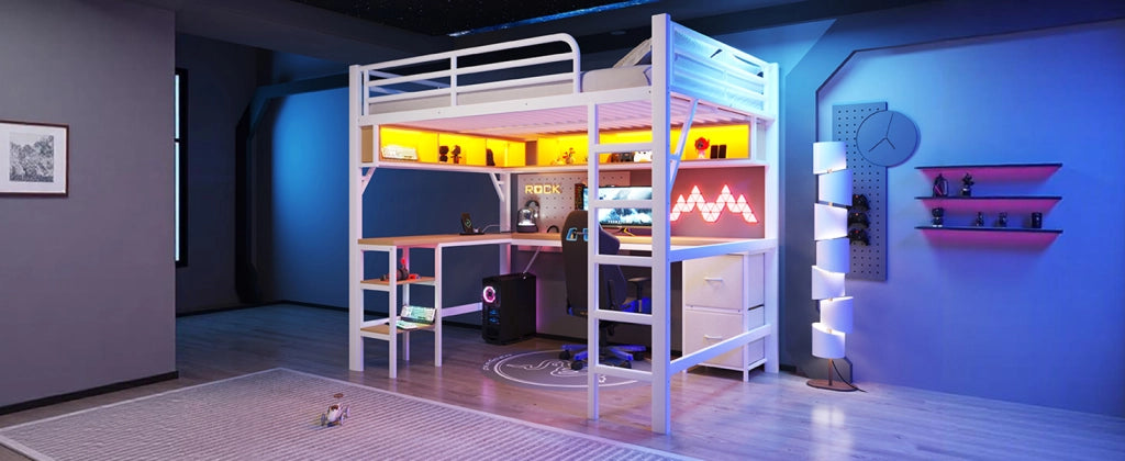 Letto a soppalco 140 × 200 cm con scrivania libreria e armadio in metallo e MDF bianco con LED e USB