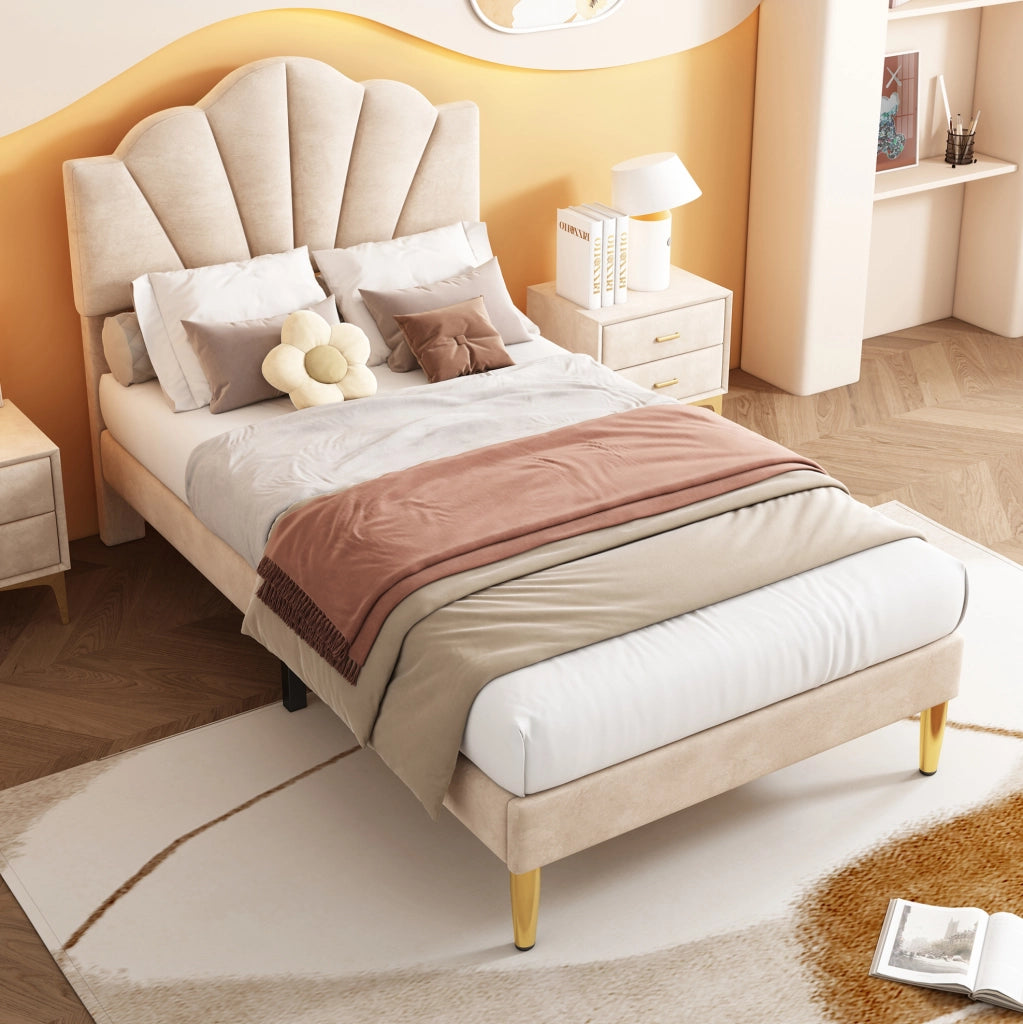 Letto imbottito in velluto beige 90 x 200 cm con testiera regolabile