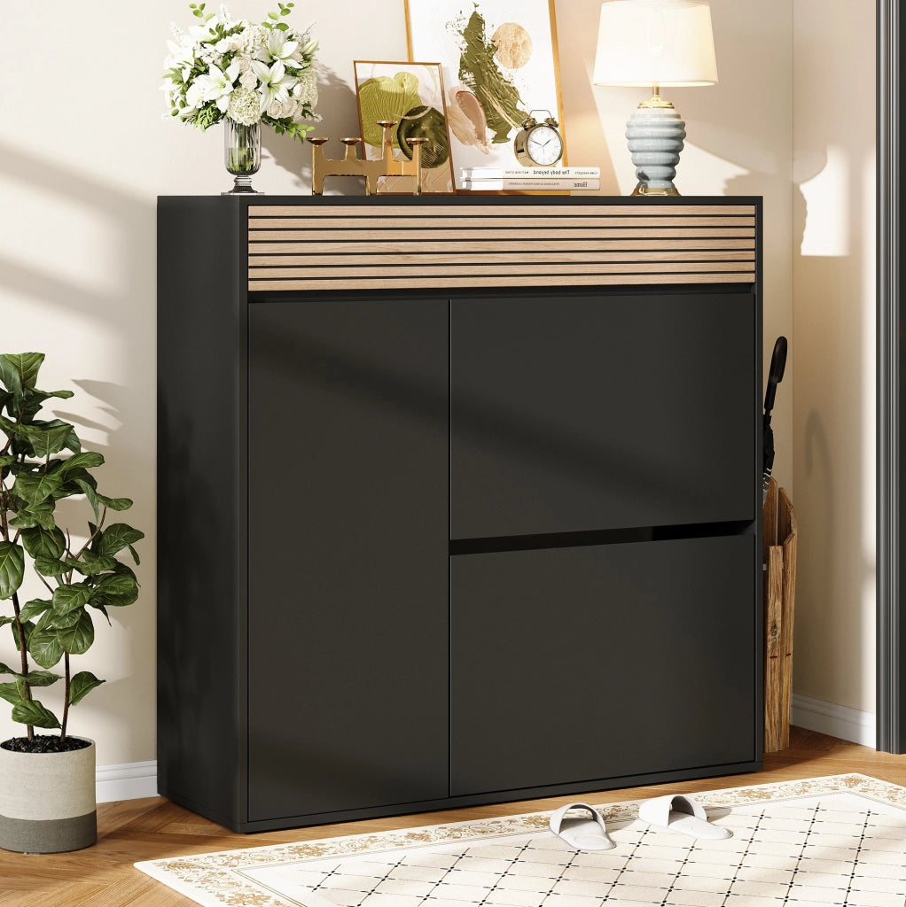 Scarpiere slim con cassetto; 2 ante a ribalta e vano laterale; 100x35x105 cm; nero e legno