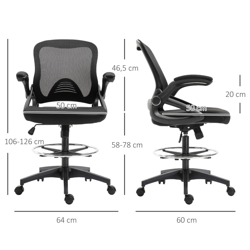 Sedia da ufficio con funzione in piedi, poggiapiedi regolabile, seduta girevole, plastica nera 64 × 60 × 106-126 cm